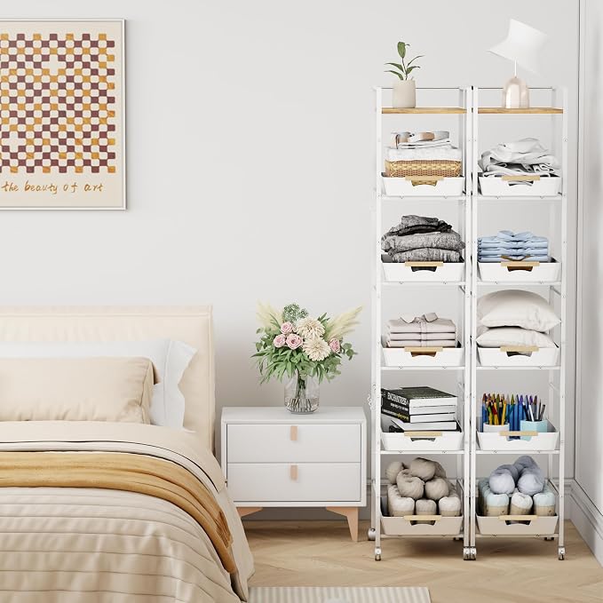 6-Tier Slim Rolling Storage Cart with Wheels, Metal Organizer Tall Rolling Cart, Wood Top Narrow Mobile Utility Cart with Pull-Out Baskets for Kitchen, Bathroom, Laundry Room, 13in(W) White - Image 8
