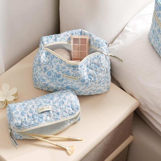 HBselect Quilted Makeup Bag, 3Pcs Cotton Large Travel Makeup Bags Organizer | Cute Floral Make up Bag Cosmetic Bag Toiletry Bag for Women Girls, Makeup Pouch for Skincare, Brushes & Travel Essentials - Image 5