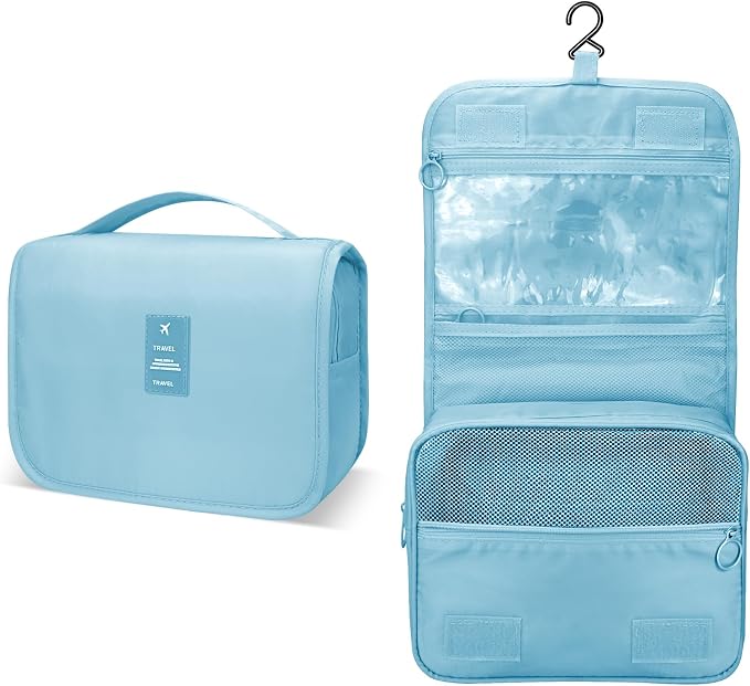 Lcsmaokin Large Capacity Toiletry Bag Travel Bag with Hanging Hook for Men and Women Waterproof Travel Cosmetic Bag Bathroom Storage Bag for Brushes Set, Full-Sized Shampoo,Accessories(Baby Blue) - Image 2