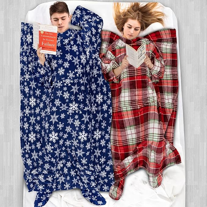 PAVILIA Fleece Blanket with Sleeves, Foot Pockets for Women Men Adults, Plush Wearable Blanket Throw Wrap, Warm Snuggle Blanket Robe, Cozy Gift Ideas Wife Mom, Christmas Plaid - Image 5