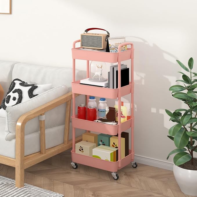 Sywhitta 4-Tier Plastic Rolling Utility Cart with Wheels for Storage, Pink | Multi-Functional Storage Trolley, for Office, Living Room, Kitchen, Bathroom,Movable Organizer,Space-Saving,Easy to assemble - Image 6