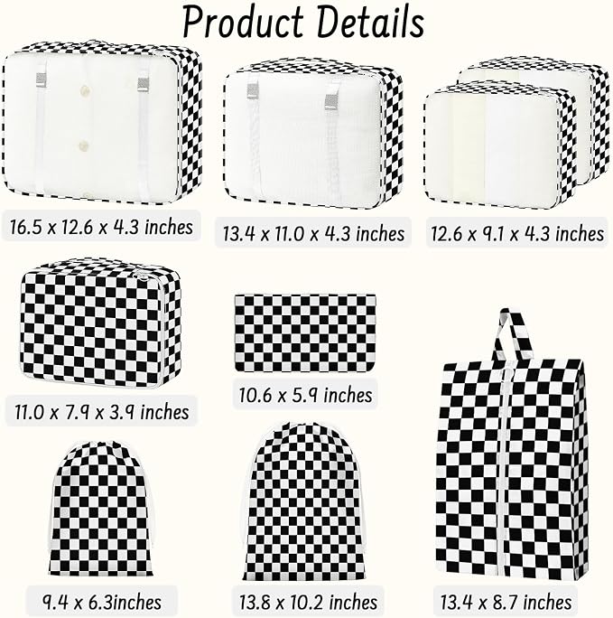 9 Set Packing Cubes for Travel Essentials - Lightweight Carry-On Luggage Organizer Bags with Shoe, Clothes & Laundry Bags for Airplane, Family & Business Travel, Black checkered - Image 2