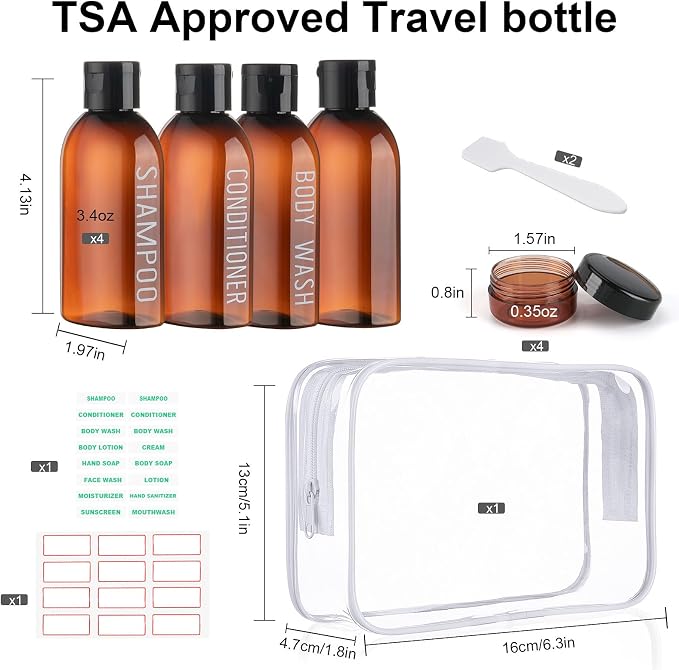 8 Pack 3.4oz Brown Travel Bottles for Toiletries | TSA Approved, Travel Size Containers, Leak Proof, Plastic 0.35oz Small Cream Jars, for Shampoo, Conditioner, Lotion - Image 2