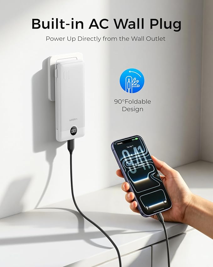 VEGER Portable Charger for iPhone, Power Bank Built in Cables and Wall Plug | 10000mAh,Ultra Slim&Compact,5 Outputs,LED Display,Flight-Safe,Travel Essentials Battery Pack for iPhone 17,iPad, Samsung,etc - Image 2