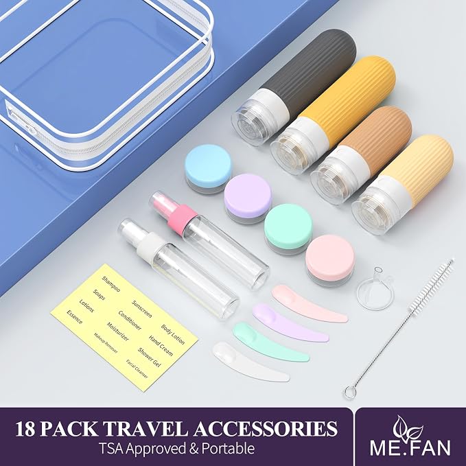 ME.FAN Travel Bottles for Toiletries,18 Pack Silicone Portable Size Bottle, TSA Approved Refillable Cosmetic Container Kits for Conditioner, Shampoo, Lotion,Face Cream - Yellow - Image 6