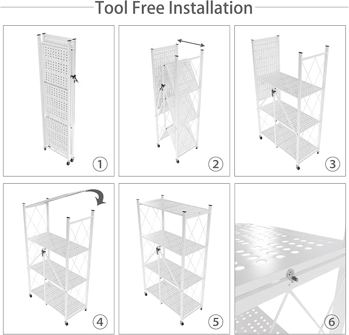 4-Tier Folding Shelf with Wheels No Assembly Portable Shelves | Folding Shelf Loads 600 LBS,Metal Steel Collapsible Shelves, Rolling Standing Utility Rack for Kitchen, Pantry, Office, White - Image 7