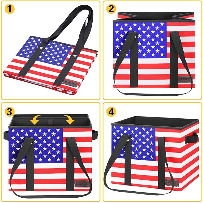 Patriotic Bags - Heavy Duty Reusable Grocery Bags with Hard Bottom & Long Handles, Foldable Reusable Shopping Bags with Box Shape to Stand Up, 3 Pack, Patriotic - Image 6