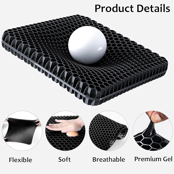 Egg Gel Seat Cushion, Breathable Gel Cushion Chair Pads with Non-Slip Cover for Home Office Car Wheelchair, Honeycomb Design Egg Seat Cushion As Seen On TV (Black) - Image 2