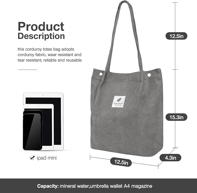LHMTQVK Corduroy Tote Bags for Women, Large Capacity Tote Purse Reusable Grocery Shoulder Bag with Inner Pockets - Image 3