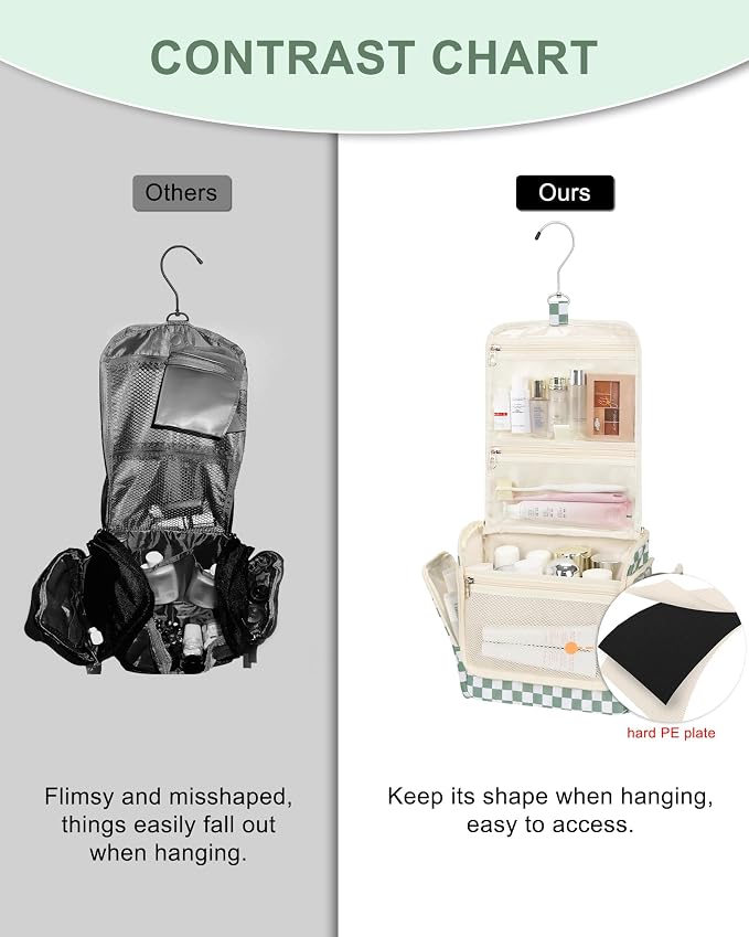 Relavel Travel Toiletry Bag for Women Makeup Bag Cosmetic Organizer Toiletries Bag with Hanging Hook for Travel Size Essentials Accessories Shower Caddy Bag for Bathroom Beach Gym, Green Checkerboard - Image 5