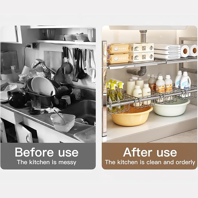 Large Under Sink Organizer 2 Tier Expandable Heavy Stainless Steel Shelf Adjustable Height for Under Kitchen Bathroom Sink Organizers and Storage (Large Size: 4 Panels 4 Storage Baskets) - Image 8