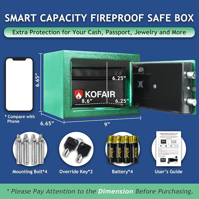 KOFAIR Safe Box for Home(0.23 Cubic Feet) with Fireproof Bag, Personal Money Safe for Cash Saving, Mini Safe Box with Key, Digital Safety with Light, Money Lock Box (Green) - Image 3