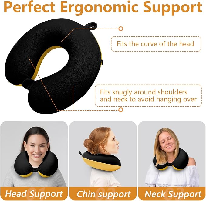 Travel Pillow, Memory Foam Neck Pillow for Traveling, U Shape Airplane Portable Flight Pillow Adult Travel Neck Pillow for Plane Train Car Home Office (Black * Yellow) - Image 4