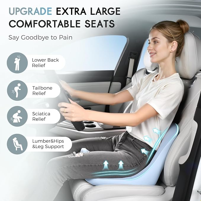 Car Seat Cushion and Lumbar Support Pillow, Larger Memory Foam Seat Cushion, Ergonomic L-Shaped Design Cushion for Back Pain Relief, Non-Slip Driving Cushion for Car, Office, Truck, Gifts for Mom-Blue - Image 2