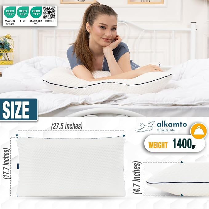 alkamto Memory Foam Pillow 27.5X 18 in”– Ergonomic Neck Support Pillow – Oeko-Tex Certified – Breathable & Thermoregulating Cover – Ideal for Back & Side Sleepers (27.5" (L) × 18" (W) × 4.7" (H)) - Image 5