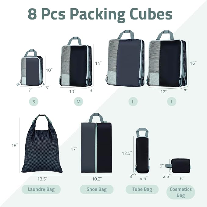 Set of 8 compression packing cubes for travel accessories- Expandable bags for clothing, toiletry, backpacks, organizing essentials (Black & Grey) - Image 3
