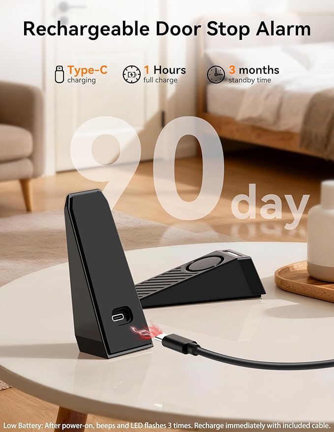 TECKNET Door Stop Alarm, Door Stopper with 130dB Security Alarm, Rechargeable Door Wedge Stop Siren with Non-Slip Silicone Base Suitable for Door Bottom, Portable Anti-Theft for Home/Hotel/Apartment - Image 5