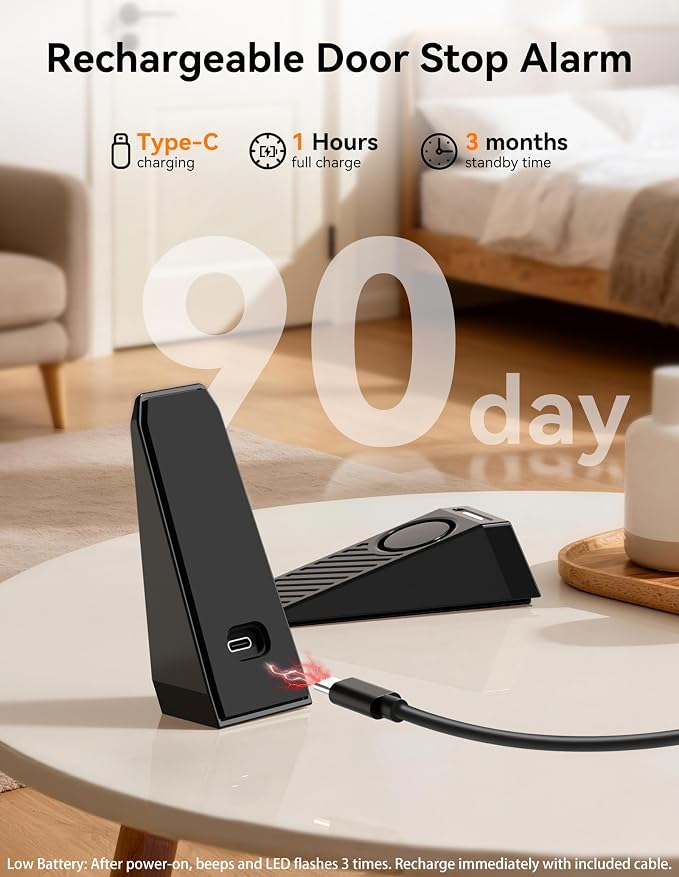 TECKNET Rechargeable Door Stop Alarm, Door Stopper with 130dB Security Alarm, Wedge Door Stop with Non-Slip Silicone Base Ideal for Door Bottom, Portable Anti-Theft for Home/Hotel/Apartment (2 Pack) - Image 4