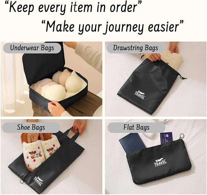 9 Set Packing Cubes for Travel Essentials - Lightweight Carry-On Luggage Organizer Bags with Shoe, Clothes & Laundry Bags for Airplane, Family & Business Travel, Black - Image 5