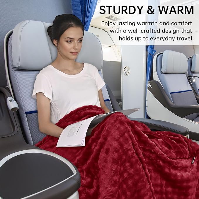Travel Blanket and Pillow-2-in-1, Ultra-Soft&Compact, One-Piece Airplane Blanket with Hand Luggage Belt and Backpack Clip,Travelers Accessories Gifts, 61x43 Inches（Burgundy） - Image 6
