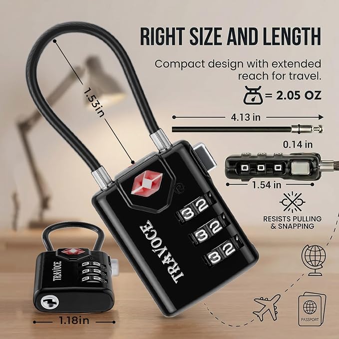 TSA Approved Luggage Locks, Combination Cable Locks, 10 Pack, Black | Search Alert shows TSA key access; resettable 3-digit code and flexible braided steel cable for suitcases and backpacks. - Image 6