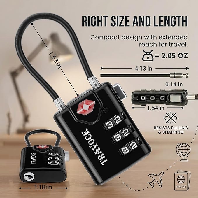 TSA Approved Luggage Locks, Combination Cable Locks, 6 Pack, Black | Search Alert shows TSA key access; resettable 3-digit code and flexible braided steel cable for suitcases and backpacks. - Image 6