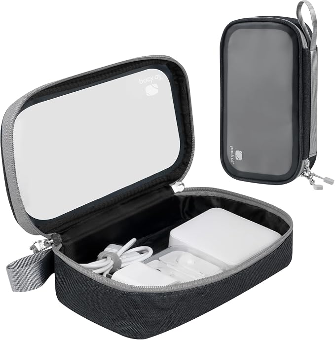pack all Clear Electronic Organizer, Compact TPU Cable Organizer Bag | Portable & Lightweight, Water-resistant, Smooth Zipper, Travel Tech Pouch for Chargers, Phones, USB Cords, Black by packall