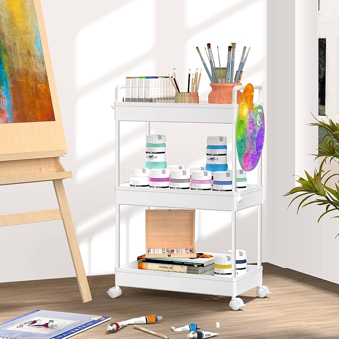 SOLEJAZZ 3 Tier Slim Rolling Storage Cart Organizer with Wheels, White | Utility cart for bathroom, laundry, bedside, dorm&narrow spaces. Fits craft, nail, makeup, snack, art, diaper&baby essentials - Image 5