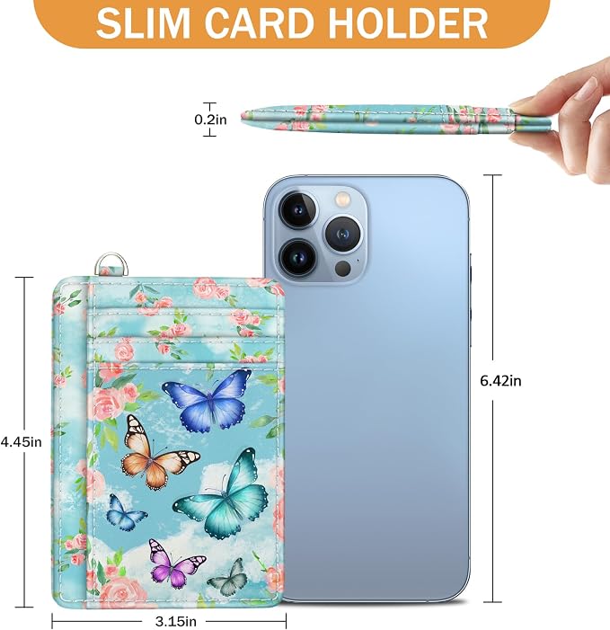 Yonlevres Credit Card Holder Slim RFID Wallet Women Small Butterfly Travel | Front Pocket, Handy, RFID Blocking, Woman Girls Ladies Gifts, D-ring for Keychain,Thin Mini Card Case, ID Window, PU Leather - Image 6