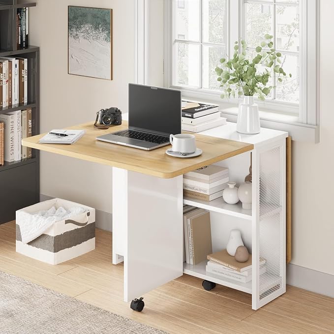IDEALHOUSE FoldingTable, Drop Leaf Dining Table with 6 Wheels and 2-Layer Storage Shelf, Space Saving Table for Small Spaces (Natural Wood, 50.1" D x 31.4" W x 29.5" H) - Image 4