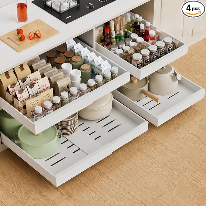 Expandable Pull Out Cabinet Organizer,12.6-20.4" Wx21''D,4 Pack | Upgraded 3 Quiet Slide Rails, Nano-Film Adhesive Fixing, White, Fit Kitchen/Living Room/Bathroom/Vanity by LEGUANG