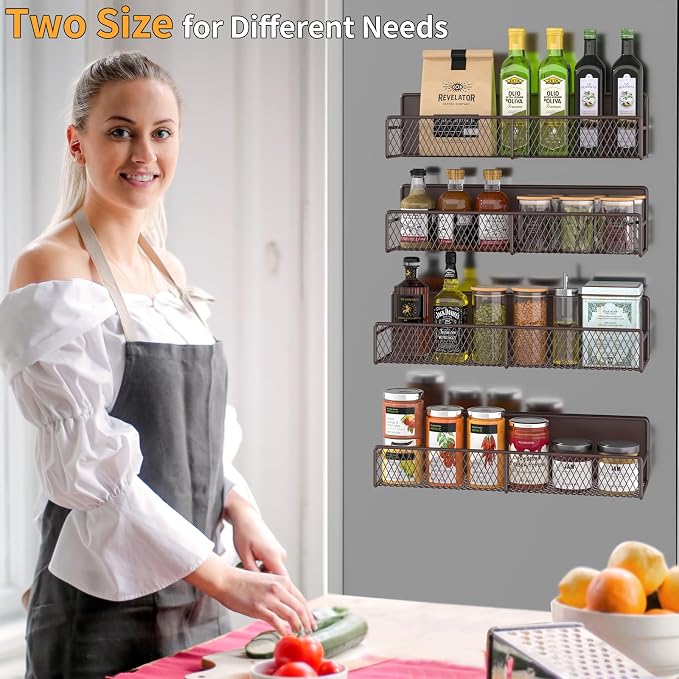 DTUQYX Magnetic Spice Rack for Refrigerator, 4 Pack 100% Metal Strong Magnet Fridge Shelves, Space Saving Spice Organizer, No Drilling Moveable Home Kitchen Laundry Room Storage Organization, Brown - Image 5