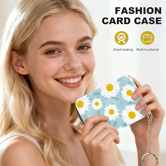 Credit Card Holder for Women,Small Rfid Wallet with Keychain Zipper,Cute PU Leather Card Case Wallet，Accordion Credit Card Wallets Gift,White Flowers - Image 6