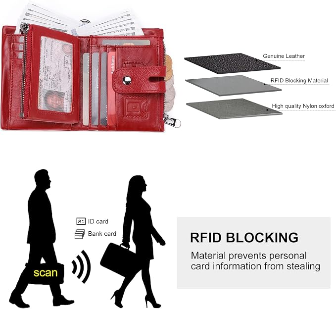 Chain Wallet for Women, Genuine Leather RFID Blocking Bifold Wallet with Anti-Theft Chain B02-Red - Image 4