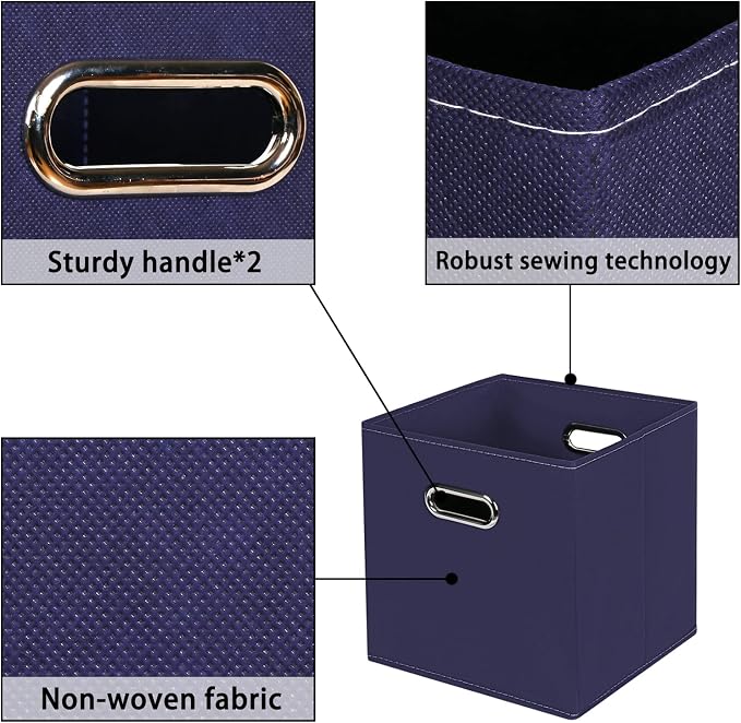 Navy Blue Fabric Storage Bins, 11x11x11, Set of 6, Foldable Cube Bins for Cloth or Accessory Storage - Image 7