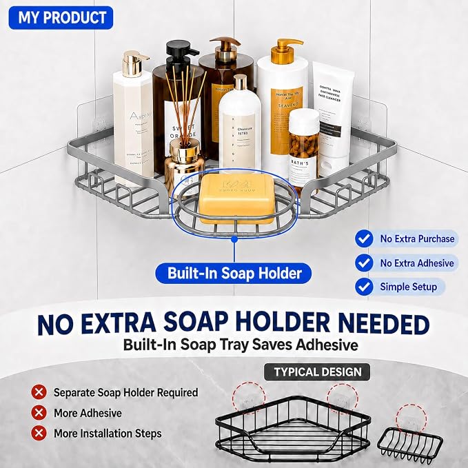 Corner Shower Caddy, Rustproof Shower Organizer with Soap Holder and 8 Hooks, No Drilling Adhesive Shower Shelves for Inside Shower, Large Capacity Shower Rack for Bathroom Shower Storage, Grey - Image 5