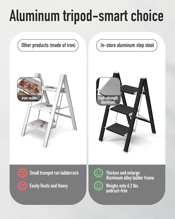 Mayi Plus 3 Step Stool Foldable, Aluminum, Lightweight Step Ladder | Extra-wide anti-slip folding steps with 330 lbs, for home,kitchen,office,outdoor,Ebony woodgrain - Image 3