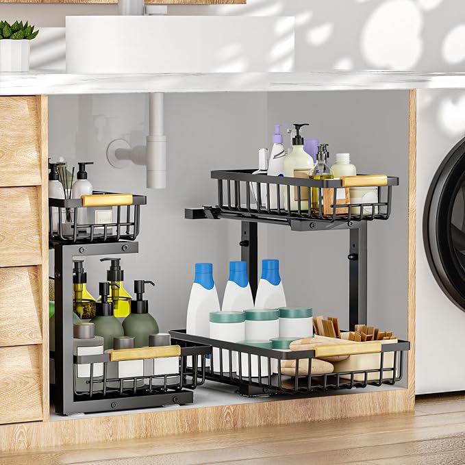 2Pcs Under Sink Organizer, 2-Tier Pull Out Under Sink Organizers and Storage, Adjustable Metal Under Cabinet Organizer Shelf, Bathroom Organizer, Sliding Out Drawer for Kitchen Pantry Black - Image 6