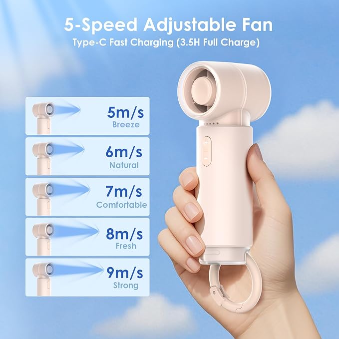 Handheld Portable Mini Fan, Personal Small Pocket Design with Hook, 19500RPM Powerful Motor Trubo, 10H Max Cooling time USB Rechargeable, 5 Speeds for Women/Men/Travel/Beach/Outdoor- Pink - Image 4