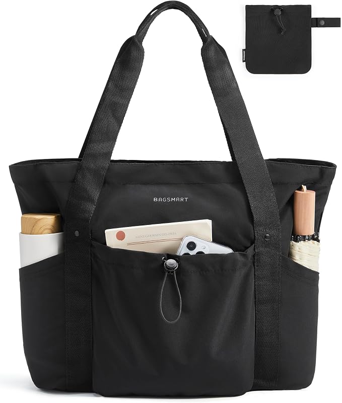 BAGSMART Foldable Tote Bag with Drawstring Bag, Tote Bag Shoulder Bag Top Handle Handbag for Travel, Work, Beach, Gym by BAGSMART