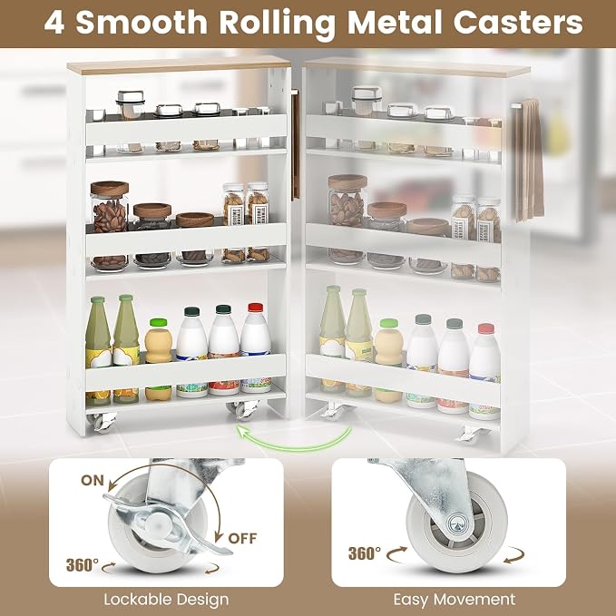 COSTWAY Slim 4-Tier Rolling Utility Cart, Wooden Shelving Unit with Handle & Wheels, Ideal for Small Spaces - Image 5