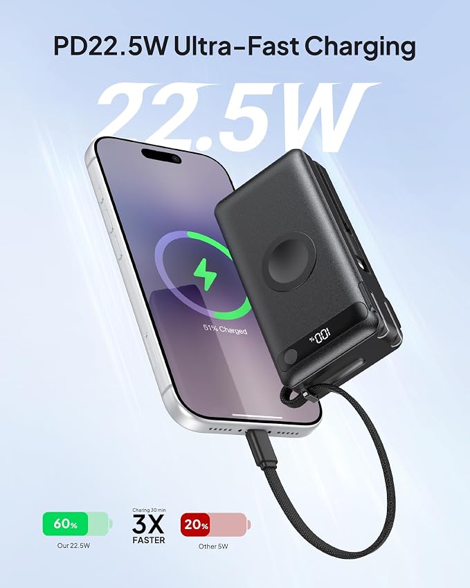 10000mAh 22.5W Power Bank Portable Charger with Built-in Cables & Wall Plug | 5 in 1 Compact USB C Fast Charging Travel Essentials Battery Pack for iPhone 17/16/15/14/12/11 Apple Watch Ultra/11/10/9/8/SE - Image 3