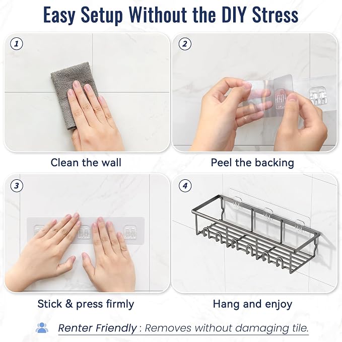 8 Pack Adhesive Rustproof Shower Caddy with Soap Dishes, Toothbrush Holder & Hooks, Large Capacity No-Drilling Shower Shelves Rack for Bathroom Organizers and Storage Accessories, Dark Gray - Image 6