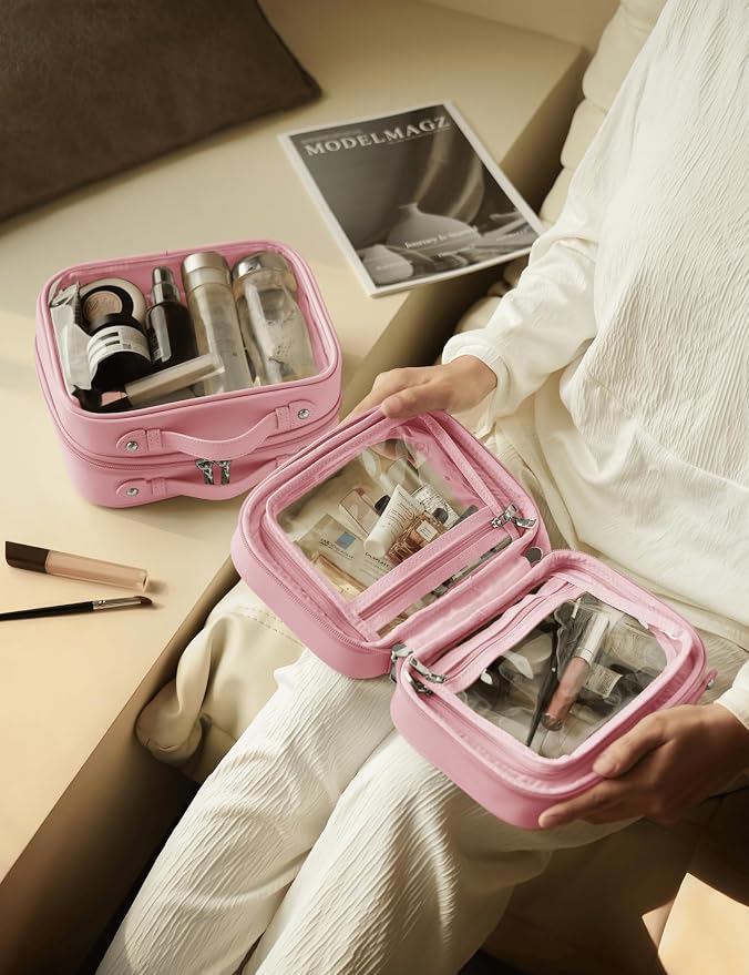 Clear Cosmetic Bag Double Layer Travel Toiletry Bag Clear Makeup Bag Case with 4 Compartments, Transparent Travel Bag for Toiletries, Large Toiletry Bag for Women Cosmetic Case (Pink, Small) - Image 6