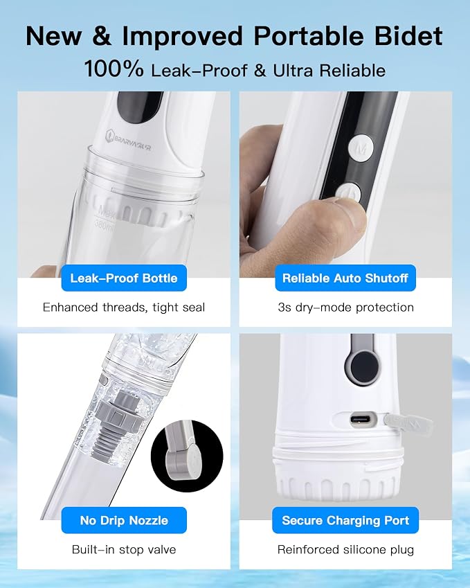 Portable Bidet for Travel, 800mAh Electric Handheld Bidet with 380ml Bottle | Rechargeable Handheld Bidet Sprayer, Peri Bottle for Women & Men, Works with Warm Water, Personal Hygiene Care - Image 5