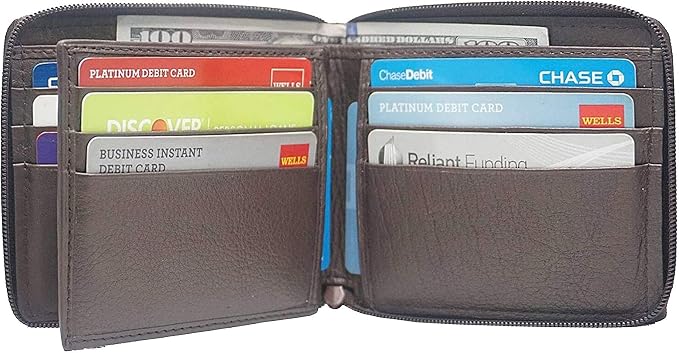 RFID Men's Leather Zipper wallet Zip Around Wallet Bifold Multi Card Holder (Brown) - Image 3
