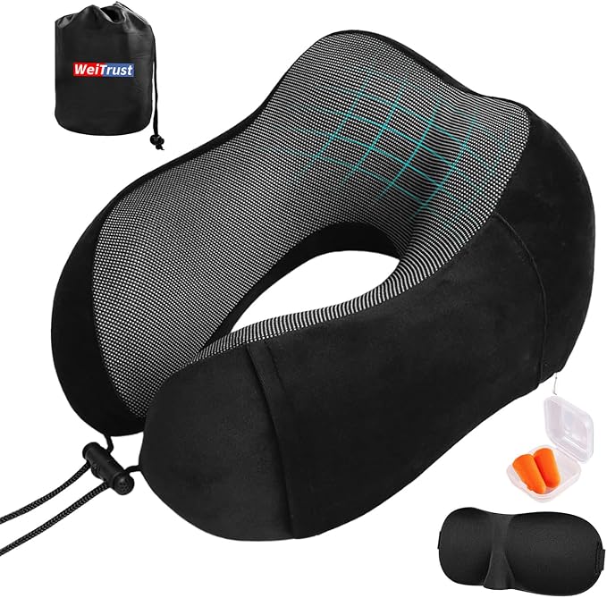 Airplane Pillow, Travel Neck Pillow with Memory Foam - Adjustable Buckle & Machine Washable Cover for Flights, Car, Office - Includes Eye Mask & Ear Plugs(Black) by WeiTrust