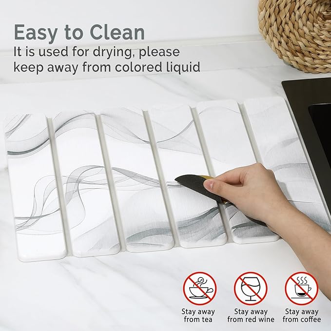 Small Stone Dish Drying Mat for Kitchen Counter, 2 PCS 16"×12" & 8"x4" Quick Dry Stone Mats, Foldable Water Absorbing Diatomaceous Earth Drying Dish Pad for Countertop Bottle Utensil Cup(White Gray) - Image 5