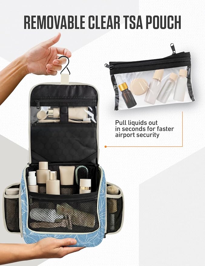 VENTURE 4TH Hanging Travel Toiletry Bag, 17 Compartments - Blue Flowers | Hangs on rails, hooks or doors; stands upright too. Removable TSA pouch. Water-resistant 900D Nylon, reinforced stitching. - Image 9