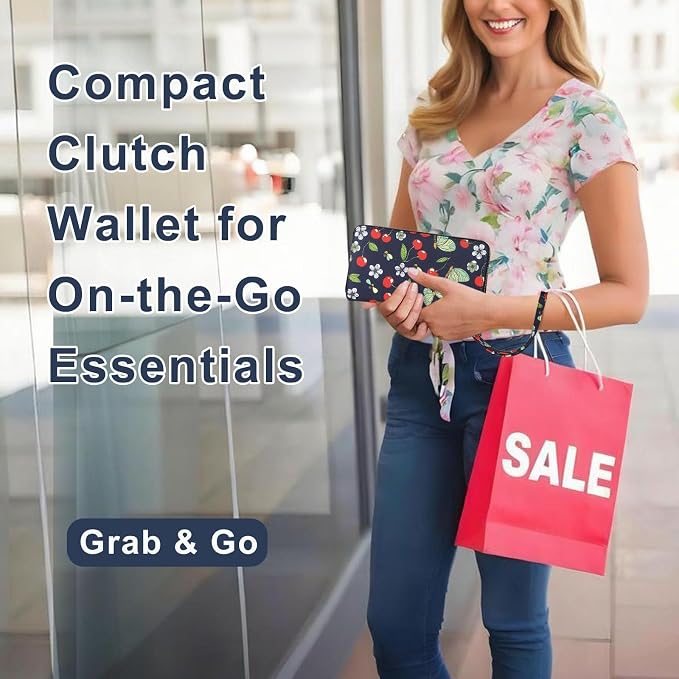 RFID Blocking Cellphone Wallet for Women with Wrist Strap, Double Zipper Travel Clutch Purse Large Capacity, Cherry - Image 7